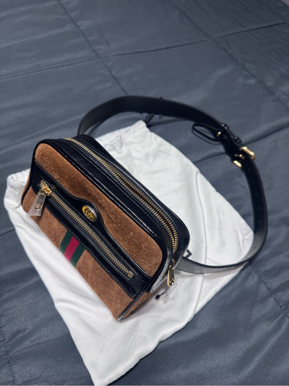 Brown Suede & Black Leather Crossbody Belt Bag